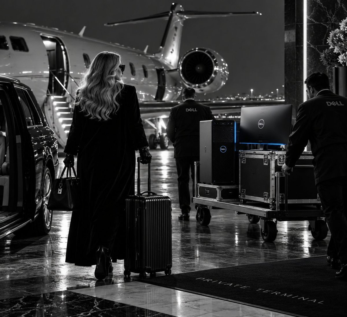 A woman arrives at a private jet while a Dell workstation is loaded beside her luggage.