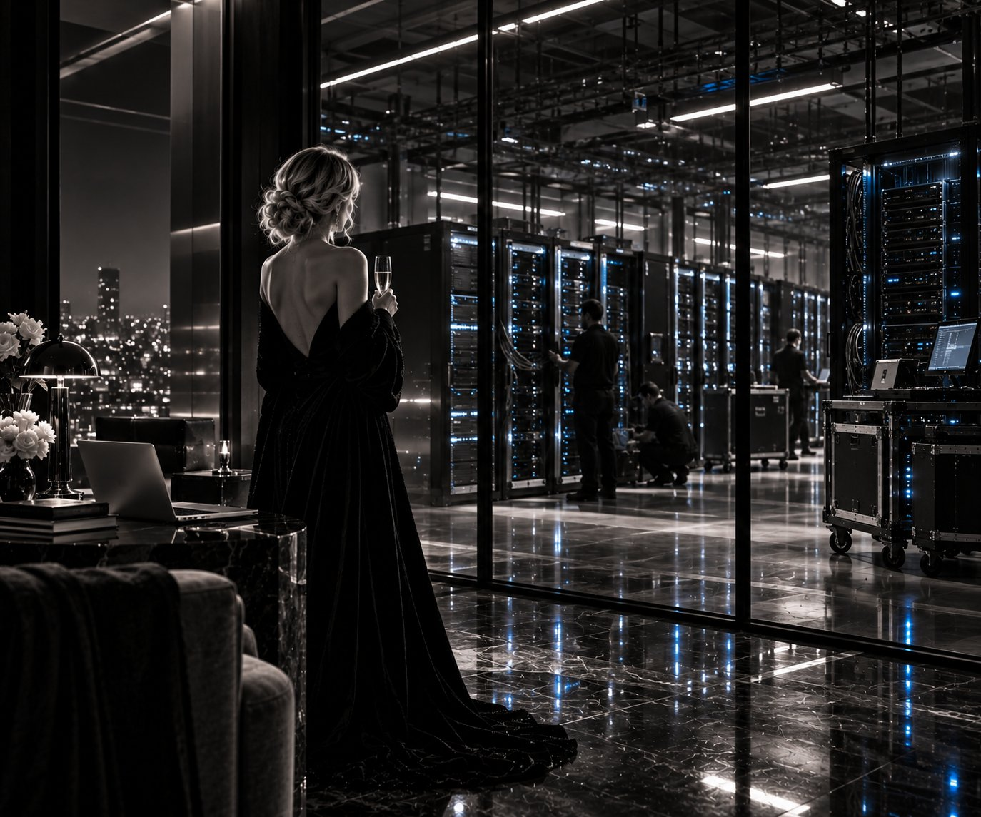 A woman stands beside a glass-walled server room with a laptop and technical cases.