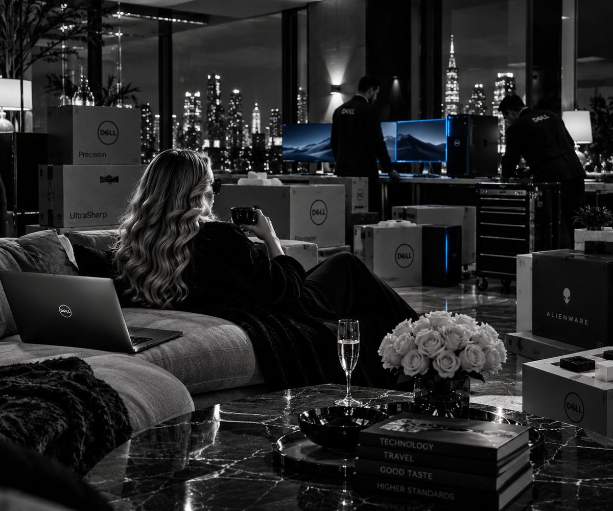 A woman relaxes in a living room surrounded by Dell computers, monitors, and equipment boxes.