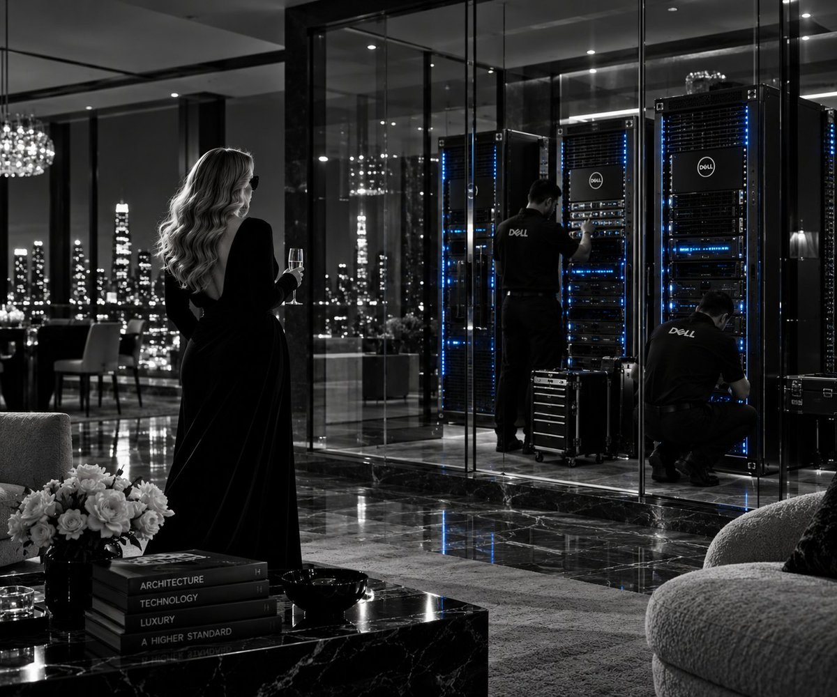 A woman looks toward a wall of blue-lit Dell server racks in a luxury room.