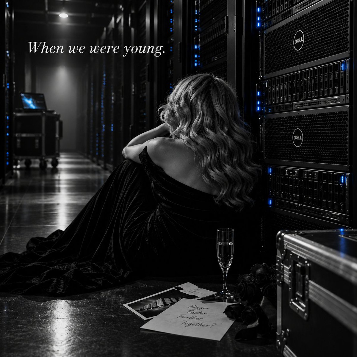 A woman sits beside Dell server racks in a dark data center with a champagne glass and handwritten notes.