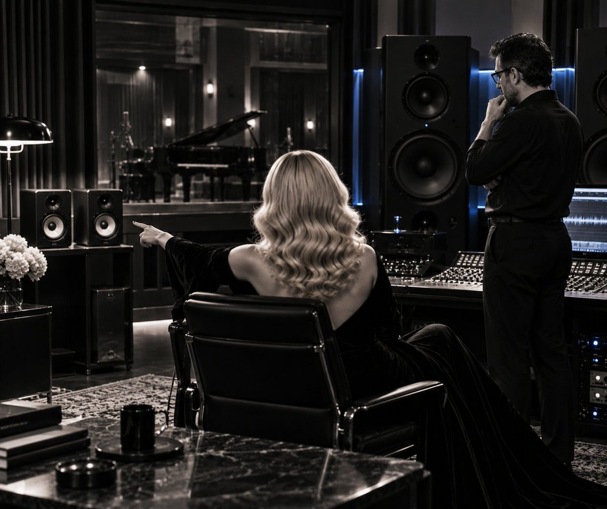 A woman points toward studio speakers while an engineer listens beside a mixing console.