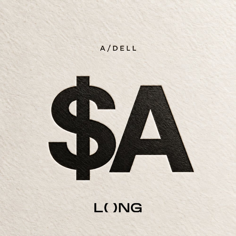 Large black $A lettering sits on textured paper, with A/DELL and LONG above and below it.