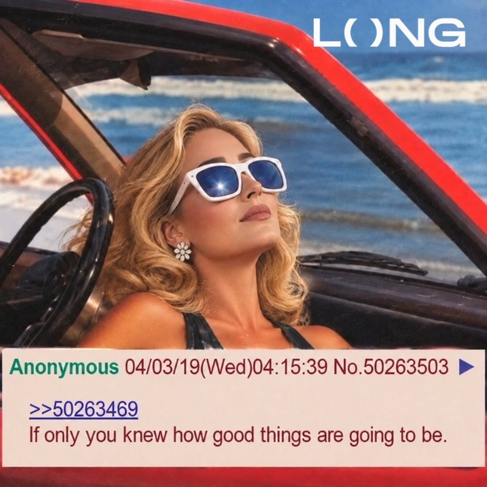 A woman in sunglasses rides in a boat above a message about how good things may become.