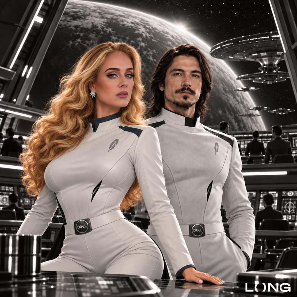 A woman and a man in white space suits stand together on a spacecraft bridge.