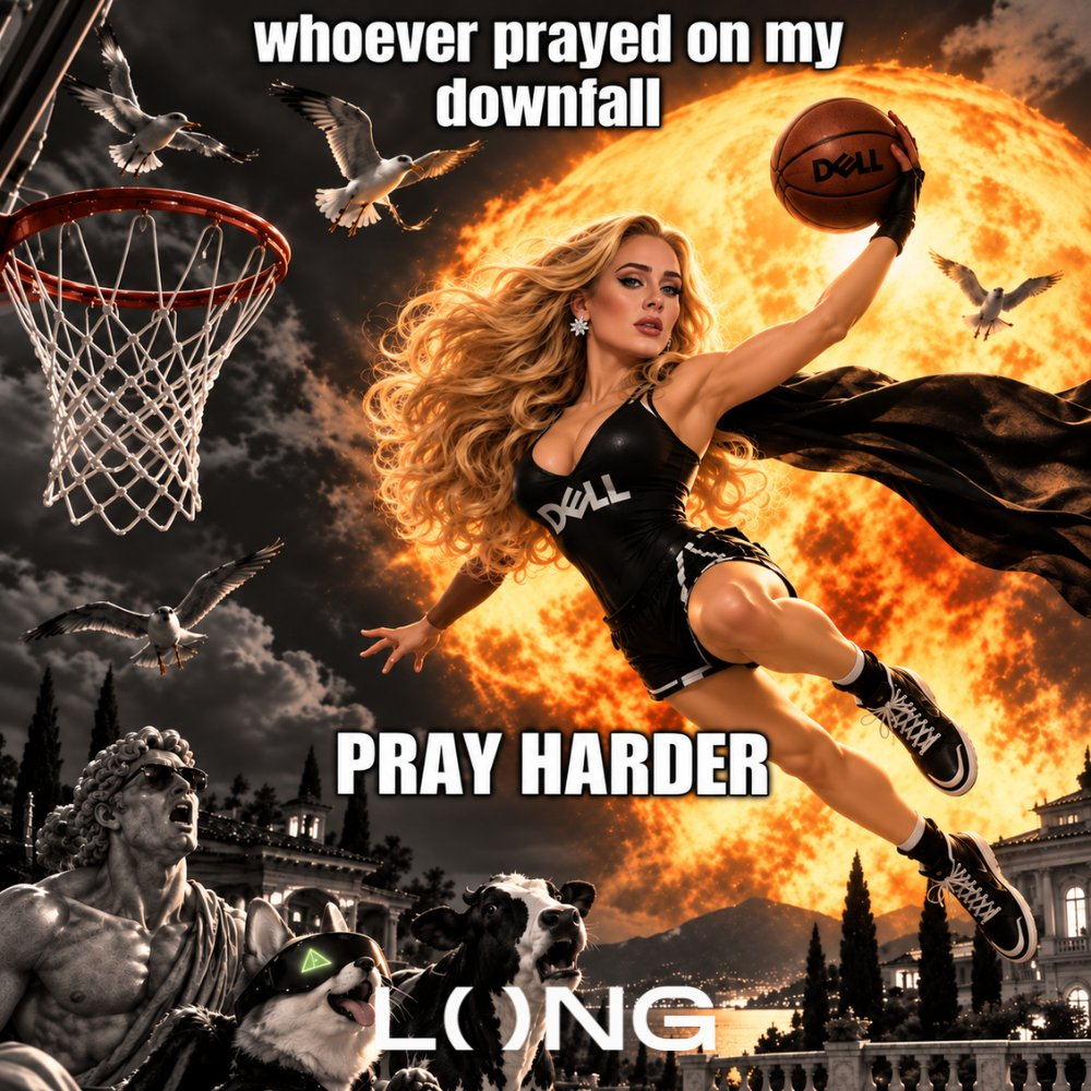 A woman in a Dell outfit leaps toward a basketball hoop beneath the words, “Pray harder.”