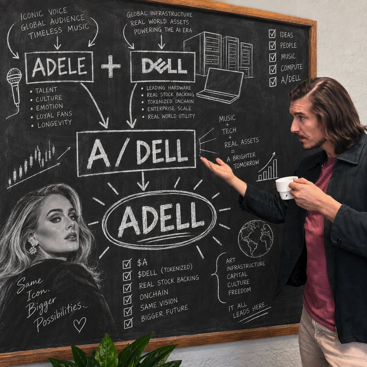 A man explains an A/DELL diagram on a chalkboard covered with notes about music, Dell, and Adell.