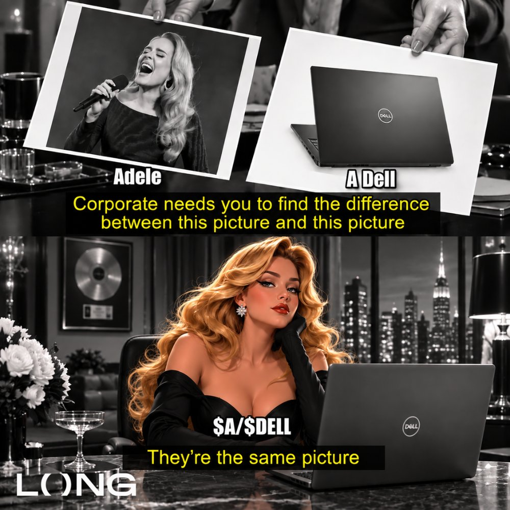 Adele and a Dell laptop appear in a comparison meme. A woman sits with a Dell laptop below.