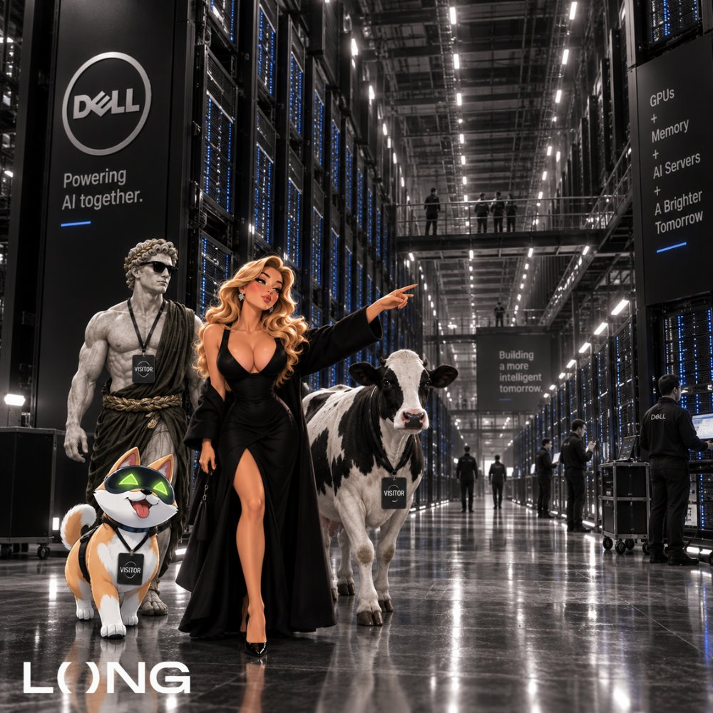 A woman leads a cat and a cow through a large Dell data center.