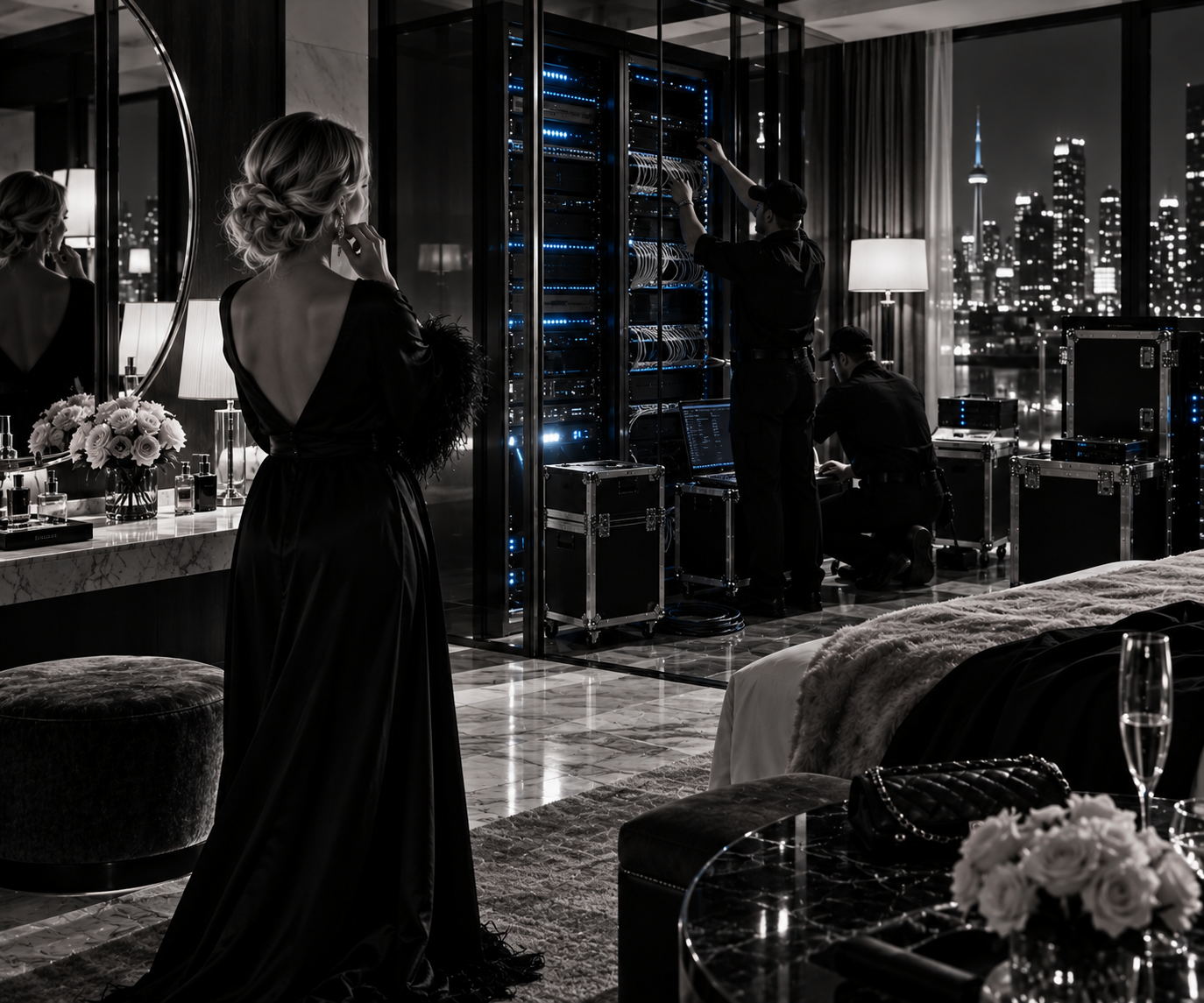Adell watches technicians work on blue-lit server racks in a private suite.